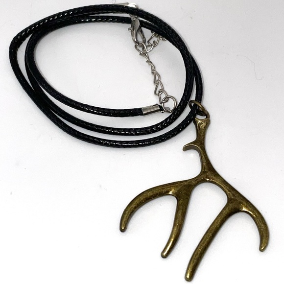 Bronze Tone Deer Antler Pendant on Black Cord Necklace 16” - Picture 6 of 7